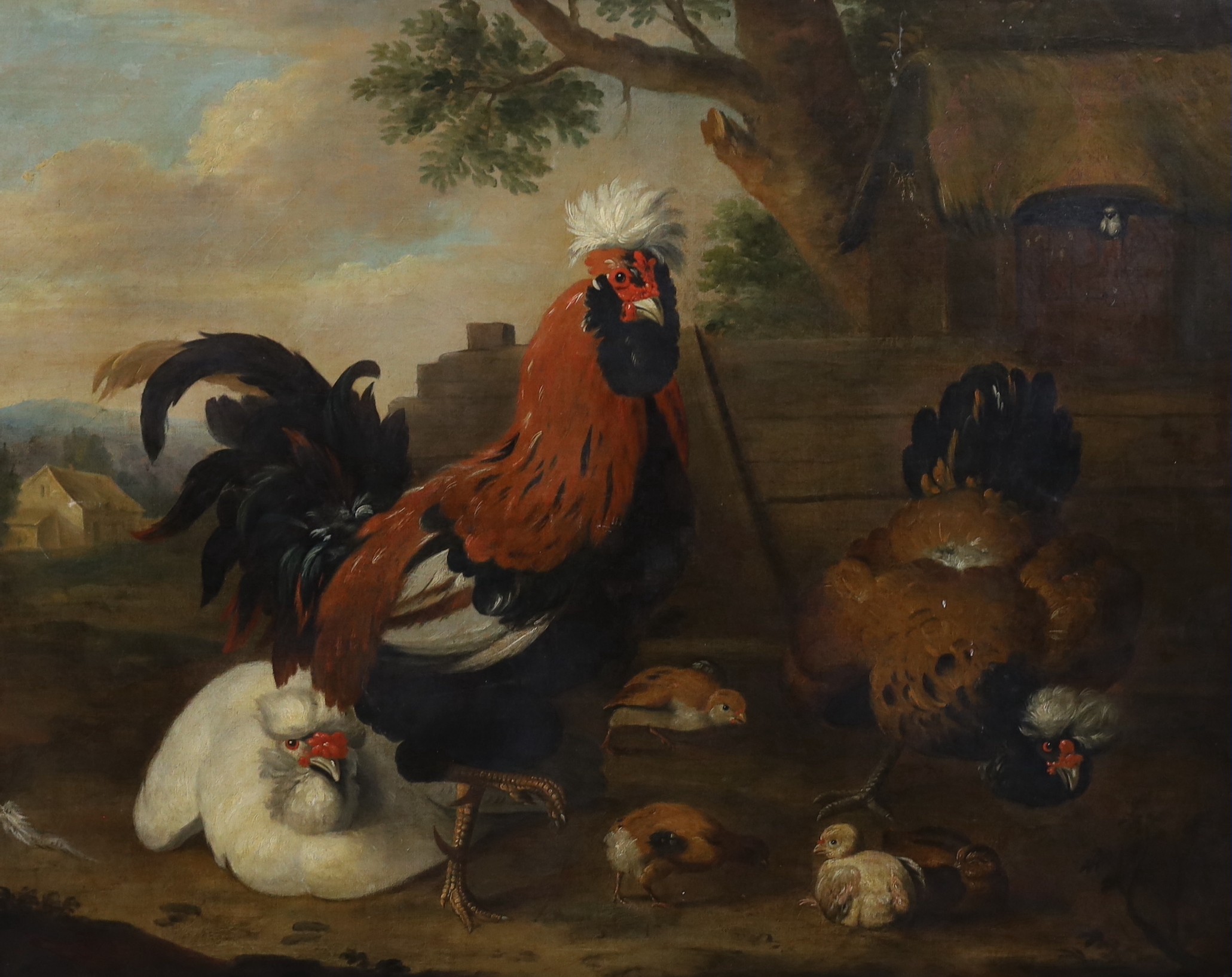 Manner of Melchior d'Hondecoeter (Dutch, c.1636-1695) A cockerel, chickens and chicks in a