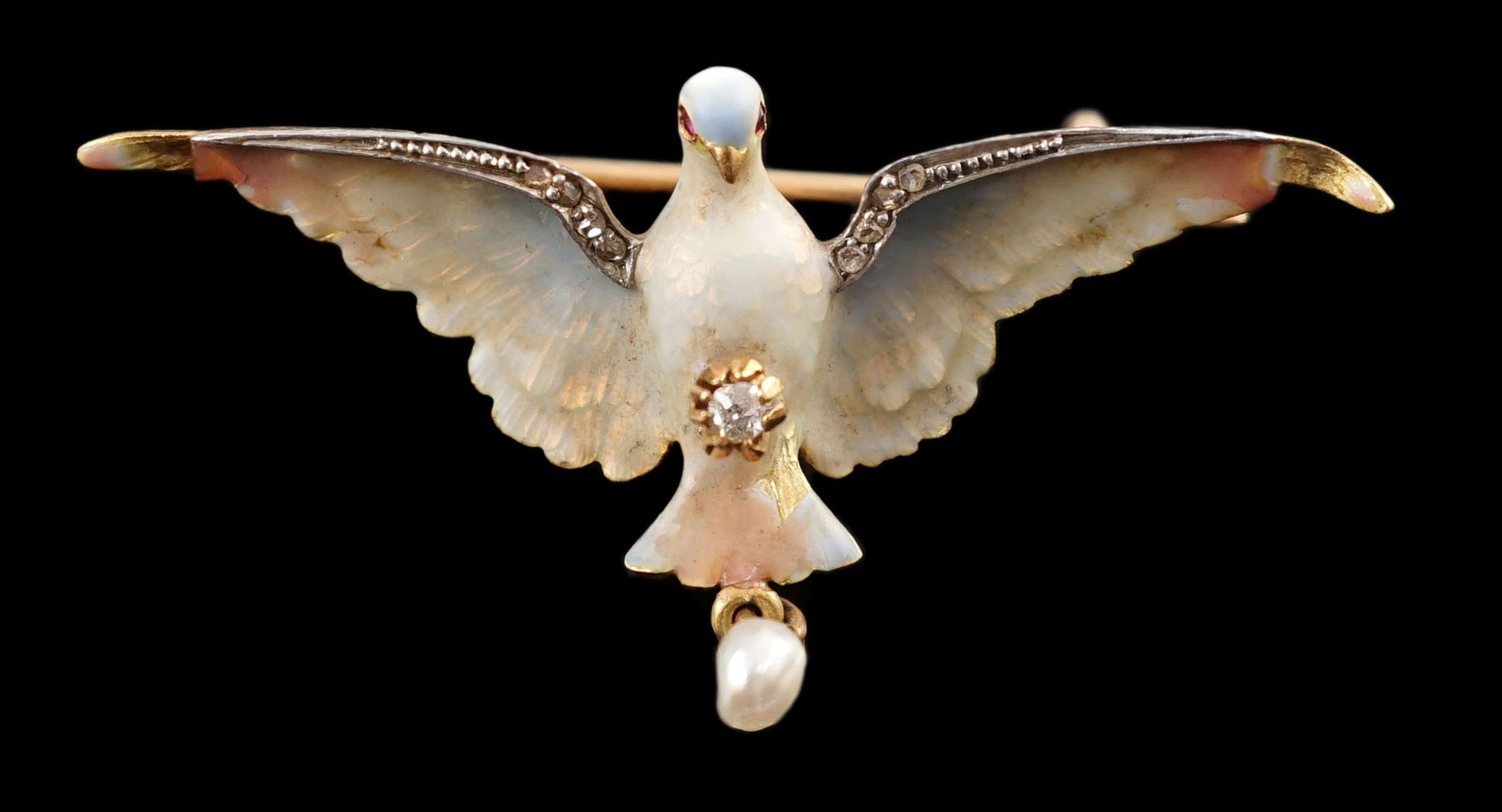 An early to mid 20th century 18ct gold, enamel, rose cut diamond and baroque pearl drop set