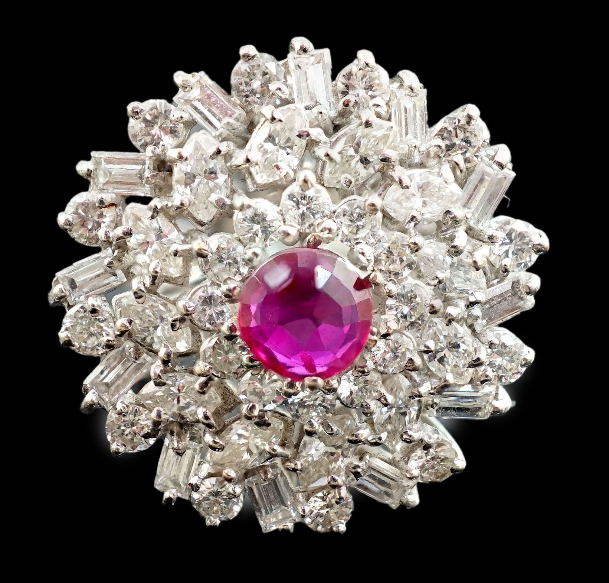 A modern 18ct white gold, ruby and round, baguette and marquise cut diamond cluster set dress