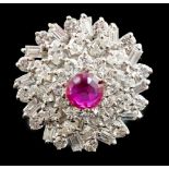 A modern 18ct white gold, ruby and round, baguette and marquise cut diamond cluster set dress