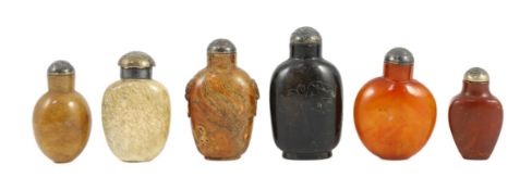 A scholarly collection of six 19th century Chinese snuff bottles, to include two amber examples, 4.