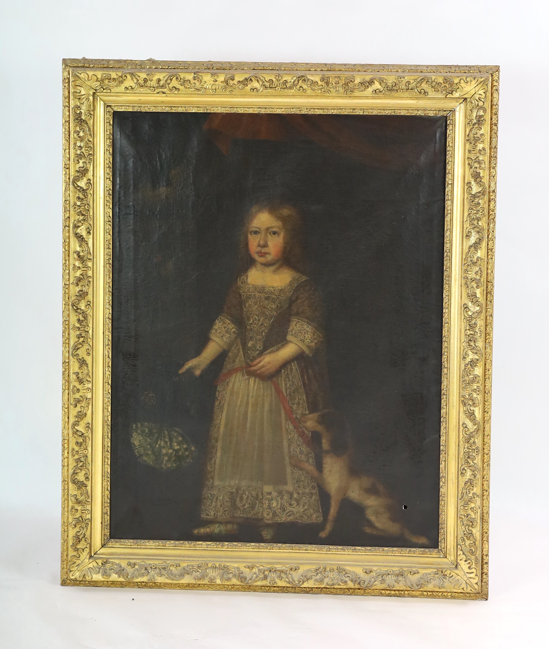 Late 17th century English School Full length portrait of a child standing beneath a canopy with a - Image 2 of 6