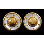 A modern pair of 18ct gold and mother of pearl set disc shape earrings, in Boodle & Dunthorne box,
