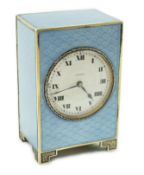 A George V continental silver and blue guilloche enamel miniature timepiece, retailed by Asprey,