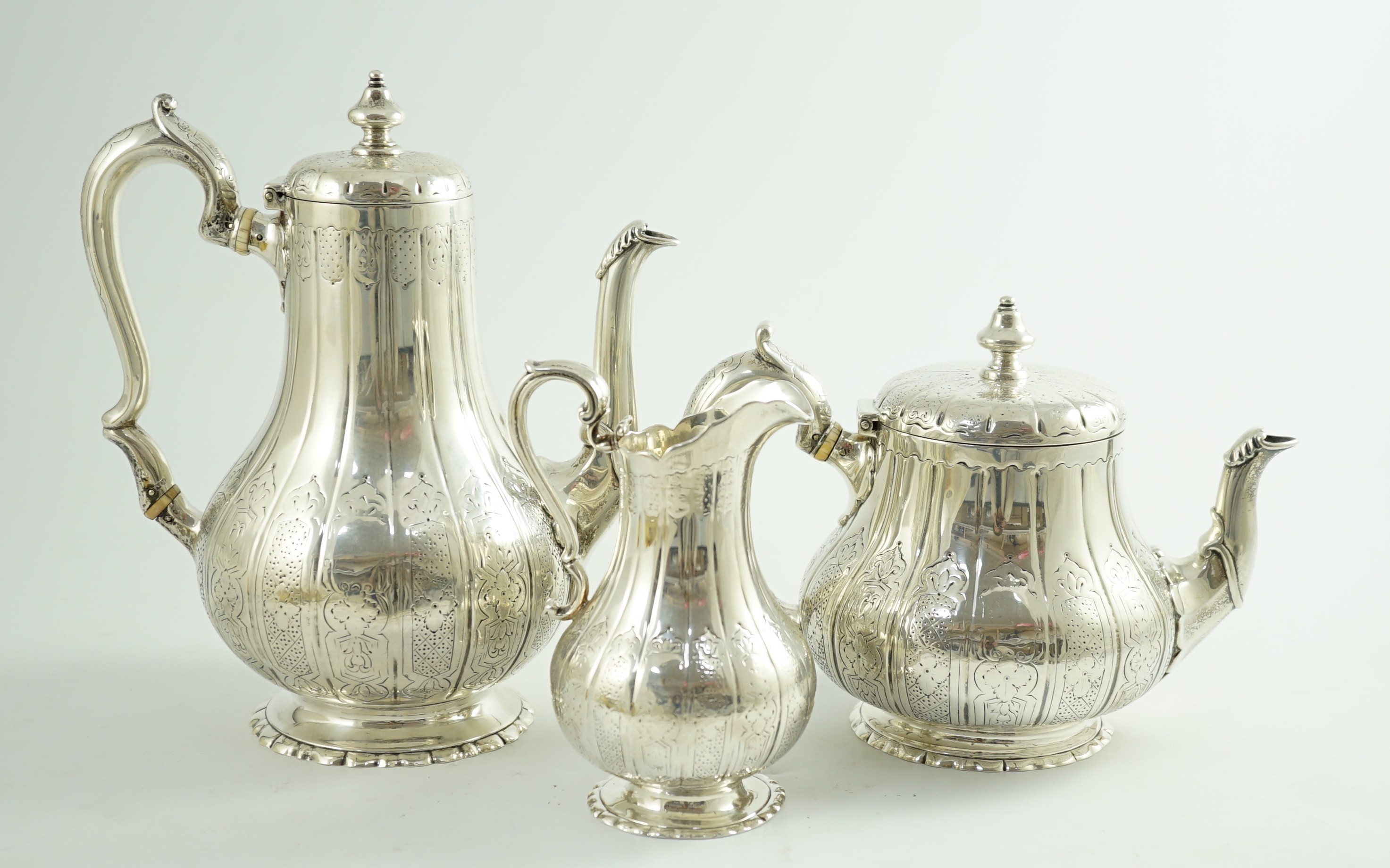 A Victorian silver three piece coffee set, comprising pot, cream and sugar bowl, by Walter Morrisse, - Image 6 of 6