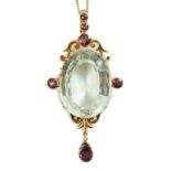 An early 20th century gold, aquamarine and garnet cluster set drop pendant, on a gold fine link