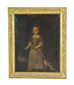 Late 17th century English School Full length portrait of a child standing beneath a canopy with a