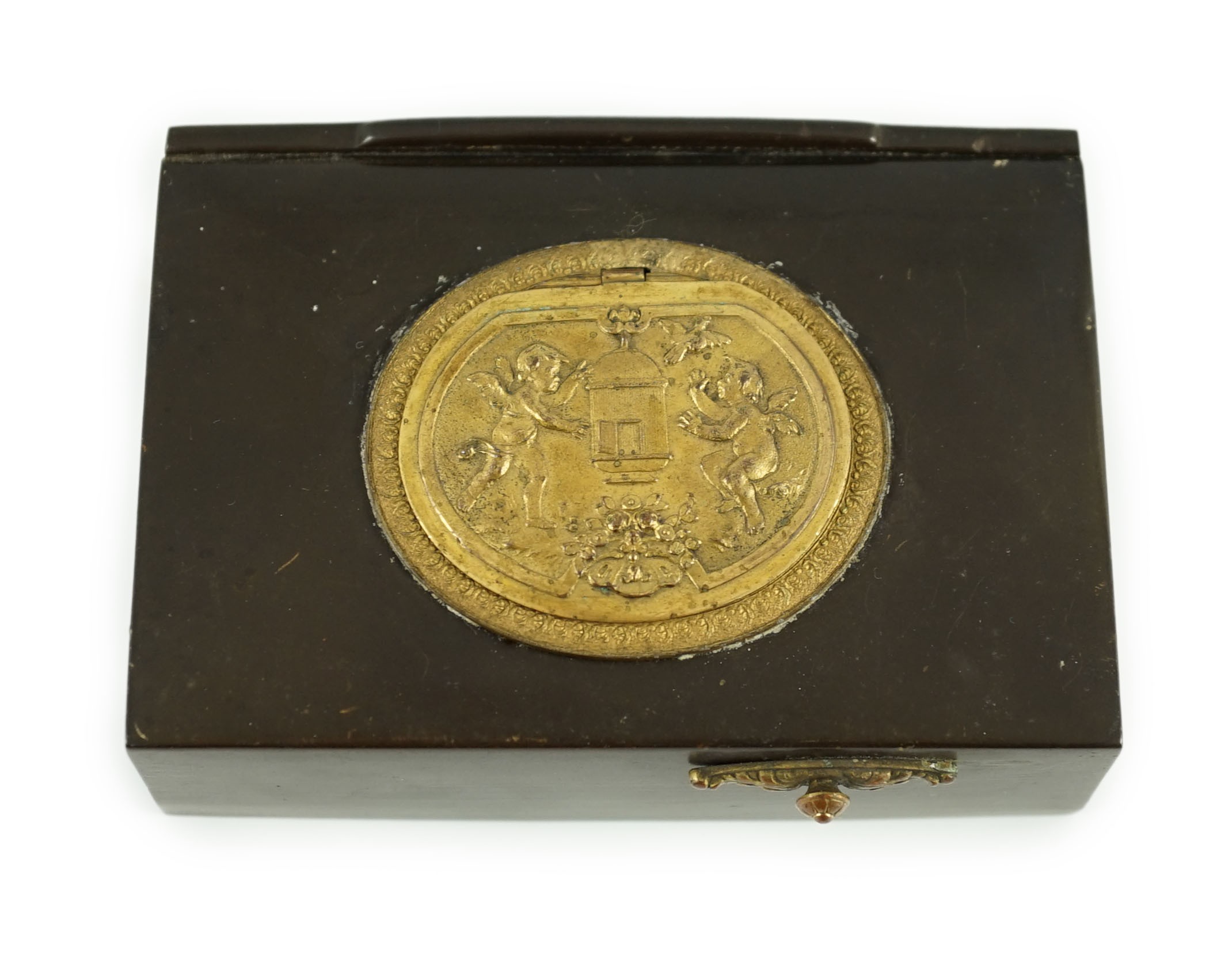 A late 19th century Swiss gilt metal mounted phenolic singing bird box, the lid decorated in - Image 3 of 6