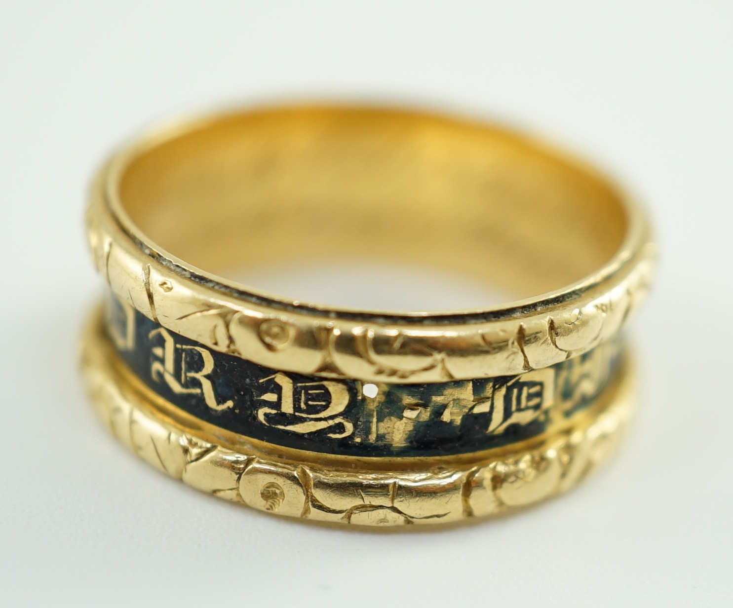 A George IV 18ct gold and black enamel 'In Memory Of' mourning band, with carved scroll border, - Image 4 of 9