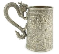 A late 19th century Chinese Export double skinned silver mug, by Leeching, with dragon handle,