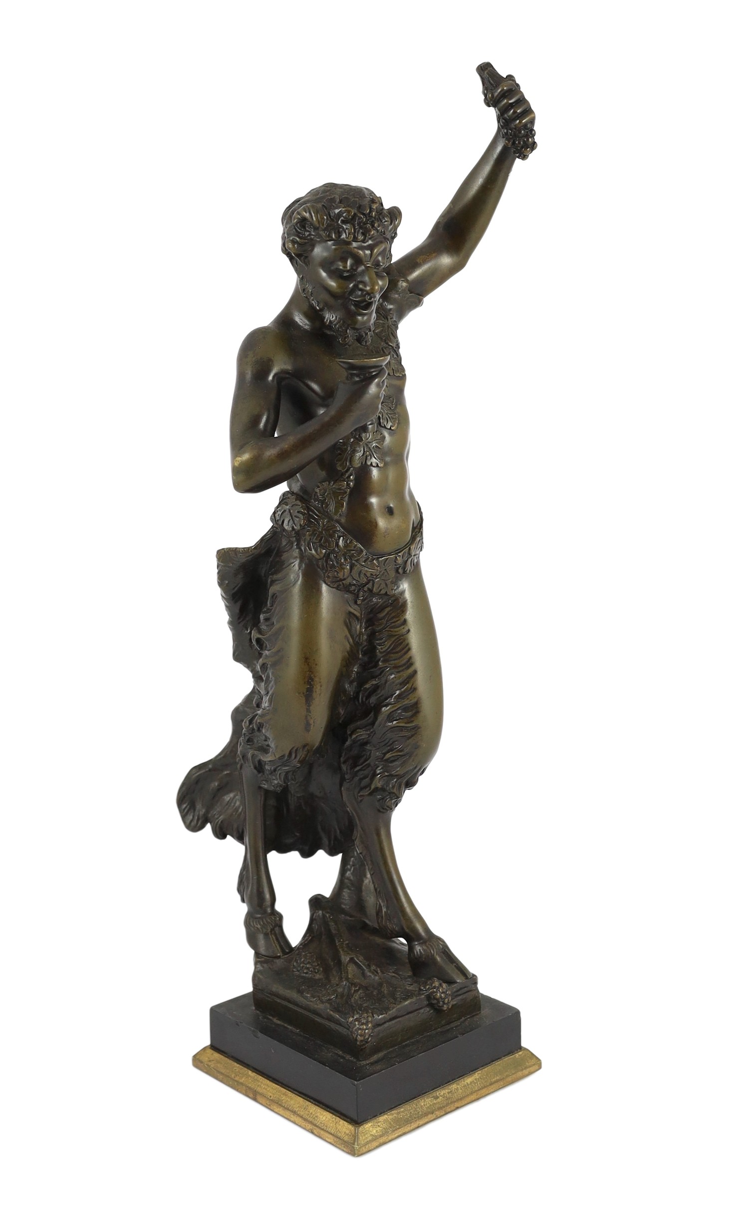 After Clodion. A bronze figure of a Bacchic satyr, on black marble and brass base.Provenance - Ken