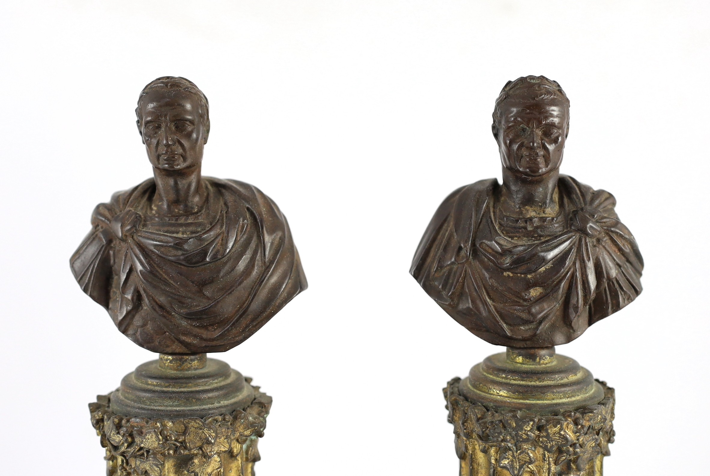 After the Antique. A pair of bronze busts of Roman Emperors, on gilt bronze ivy-entwined columns and - Image 2 of 3