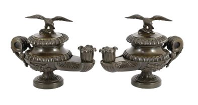 James De Ville, 367 Strand, London. A pair of Regency bronze oil lamps to a design by Thomas Hope,