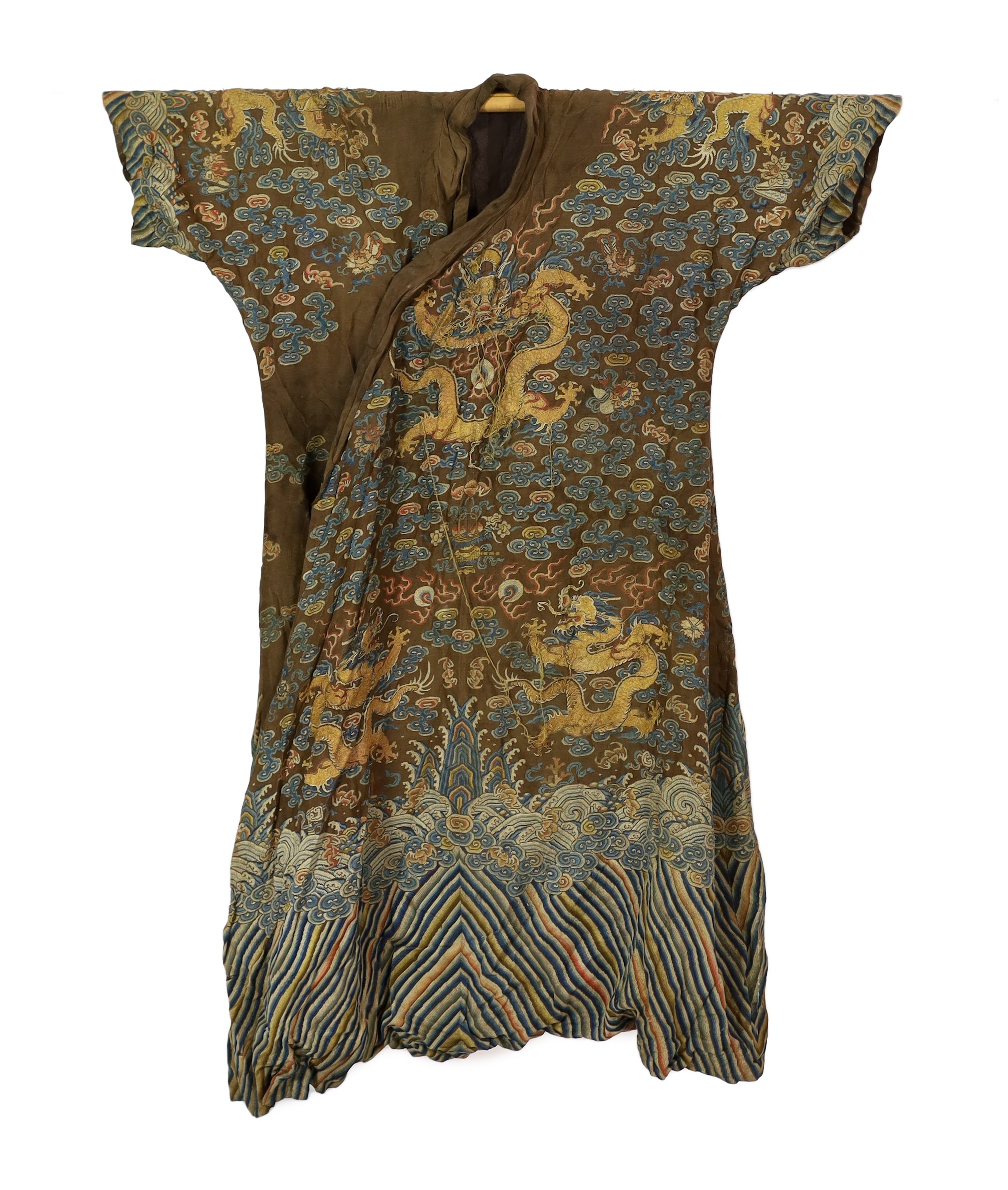 A Chinese embroidered silk and kesi gauze ’dragon’ summer robe, late Qing dynasty,