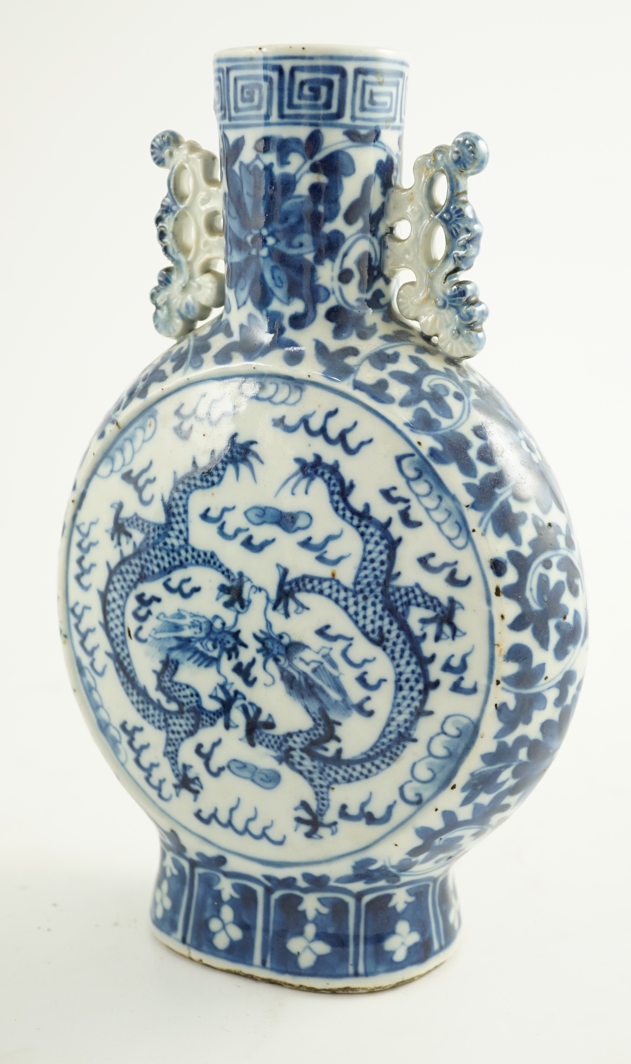 A Chinese blue and white ‘dragon’ moonflask, 19th century, each side painted with two confronting - Image 2 of 6