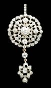 A good Victorian gold, silver and graduated diamond cluster set target drop pendant brooch, retailed