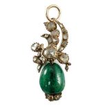 A late 19th/early 20th century gold, emerald and rose cut diamond set drop pendant, with closed back