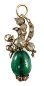 A late 19th/early 20th century gold, emerald and rose cut diamond set drop pendant, with closed back