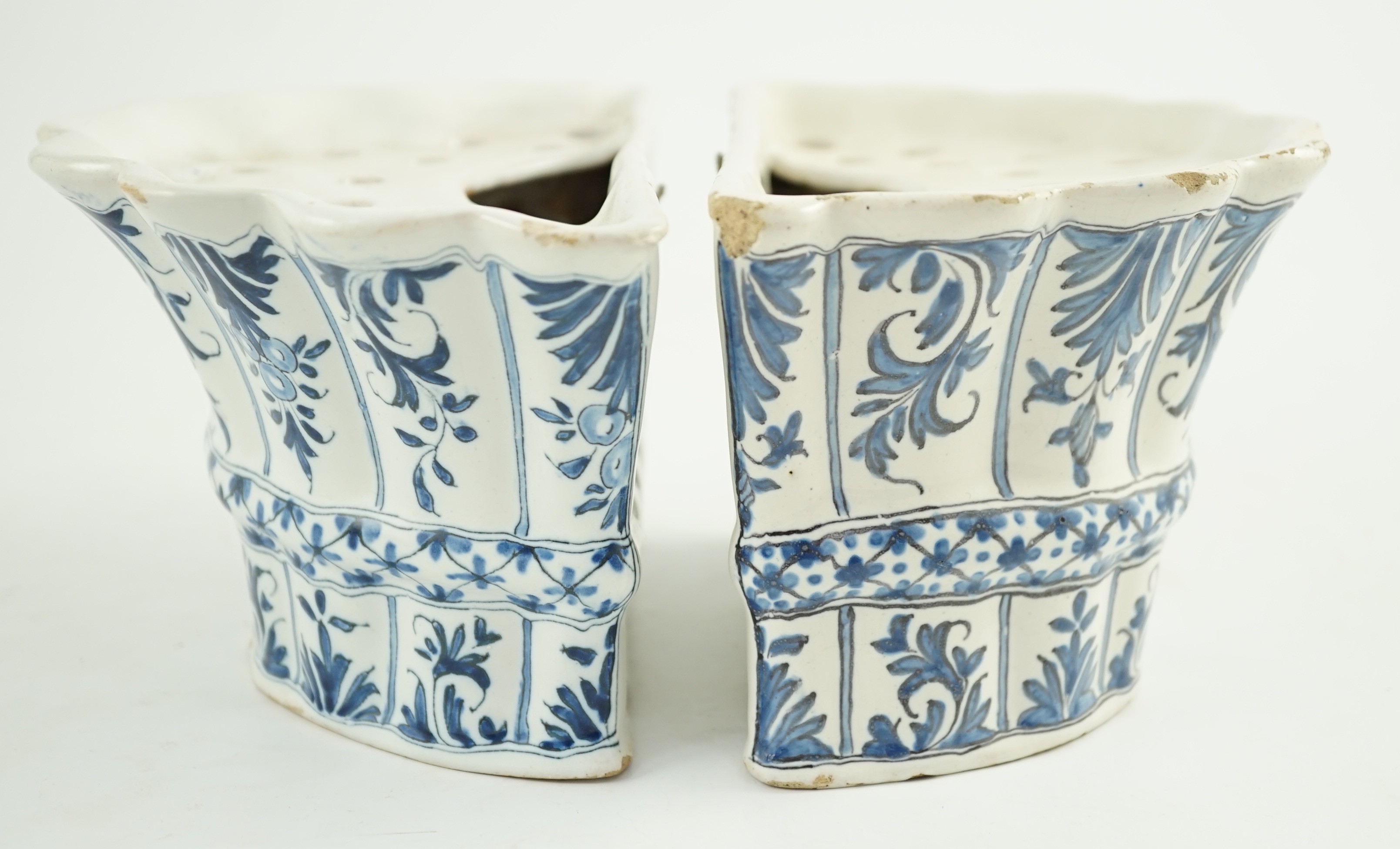 Two similar 18th century Delft blue and white hanging bough pots, of lobed demi-lune shape, - Image 6 of 7