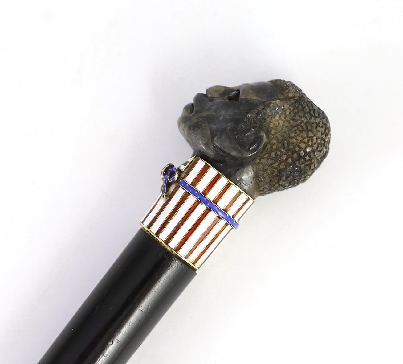 A 19th century French carved labradorite, diamond, ruby and enamel handled ebonised cane, carved - Image 4 of 6