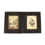 A pair of Maori carved wood photograph frames containing contemporary New Zealand photographs c.