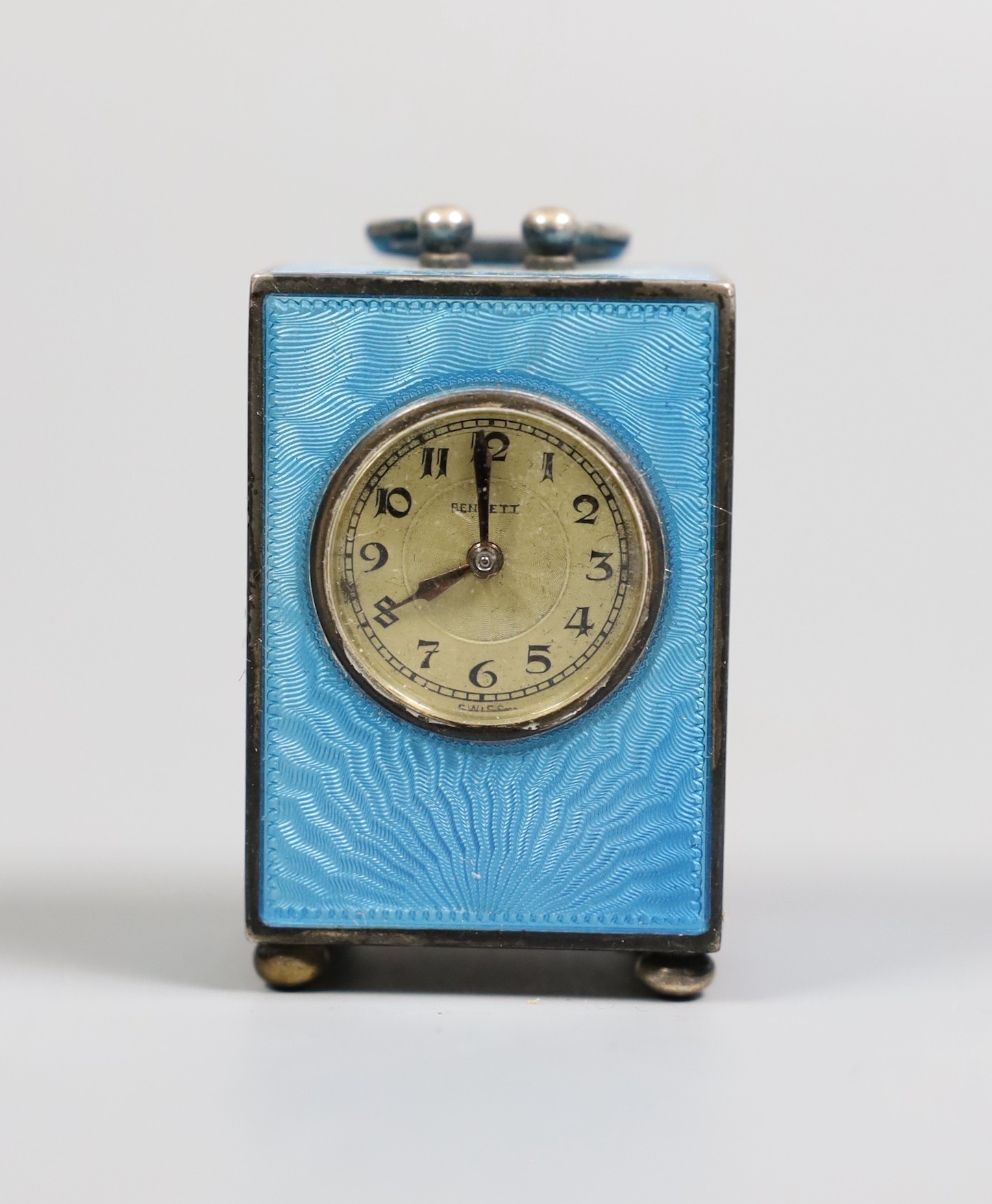A George V Swiss blue enamel and silver cased miniature carriage timepiece, import marks for - Image 3 of 12