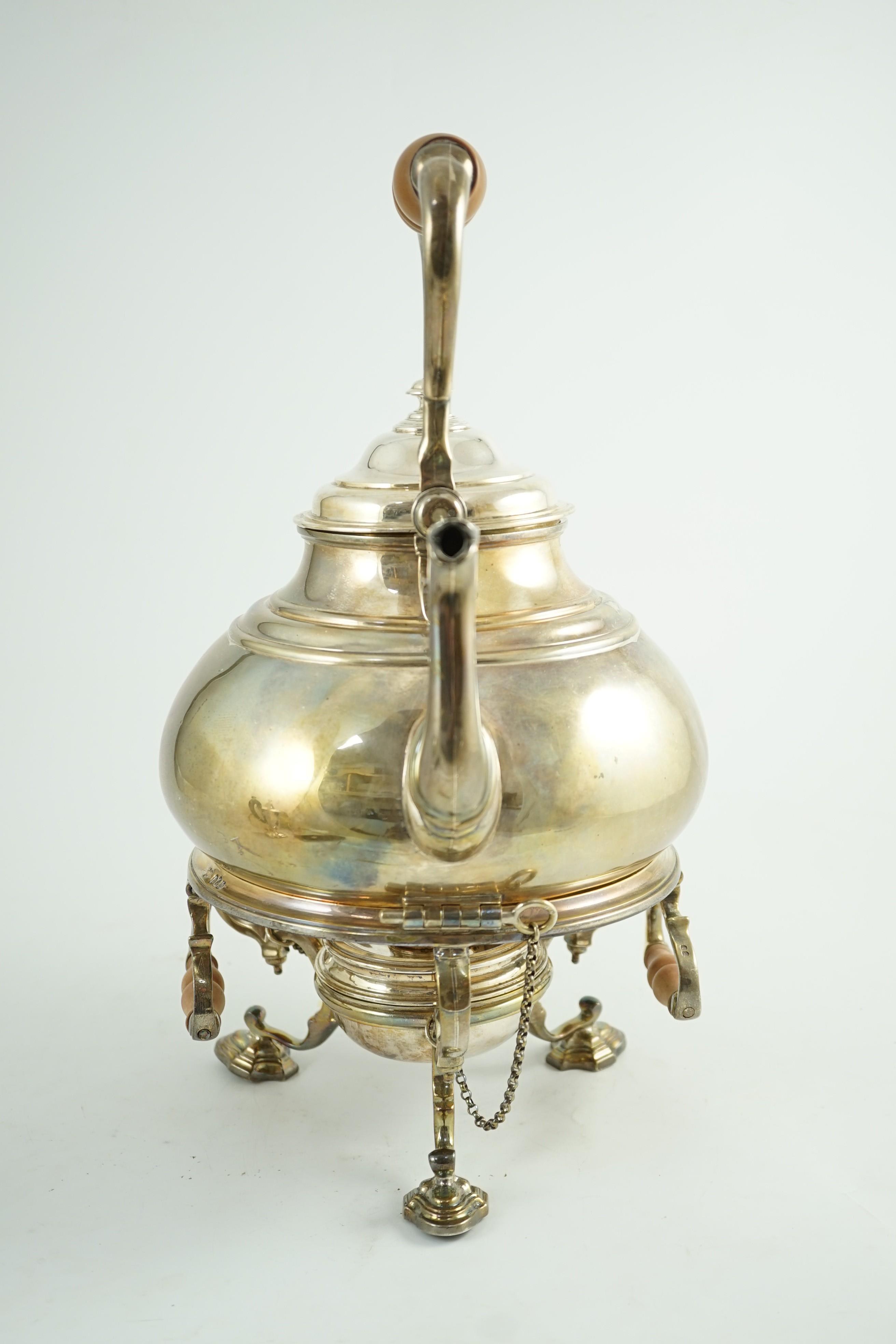 A large George V Britannia standard silver tea kettle on two handled stand, with burner, by - Image 3 of 6