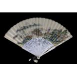 A Chinese painted leaf fan with mother-of-pearl sticks, 19th century, the leaf painted with ladies