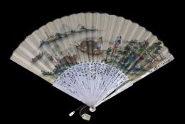 A Chinese painted leaf fan with mother-of-pearl sticks, 19th century, the leaf painted with ladies