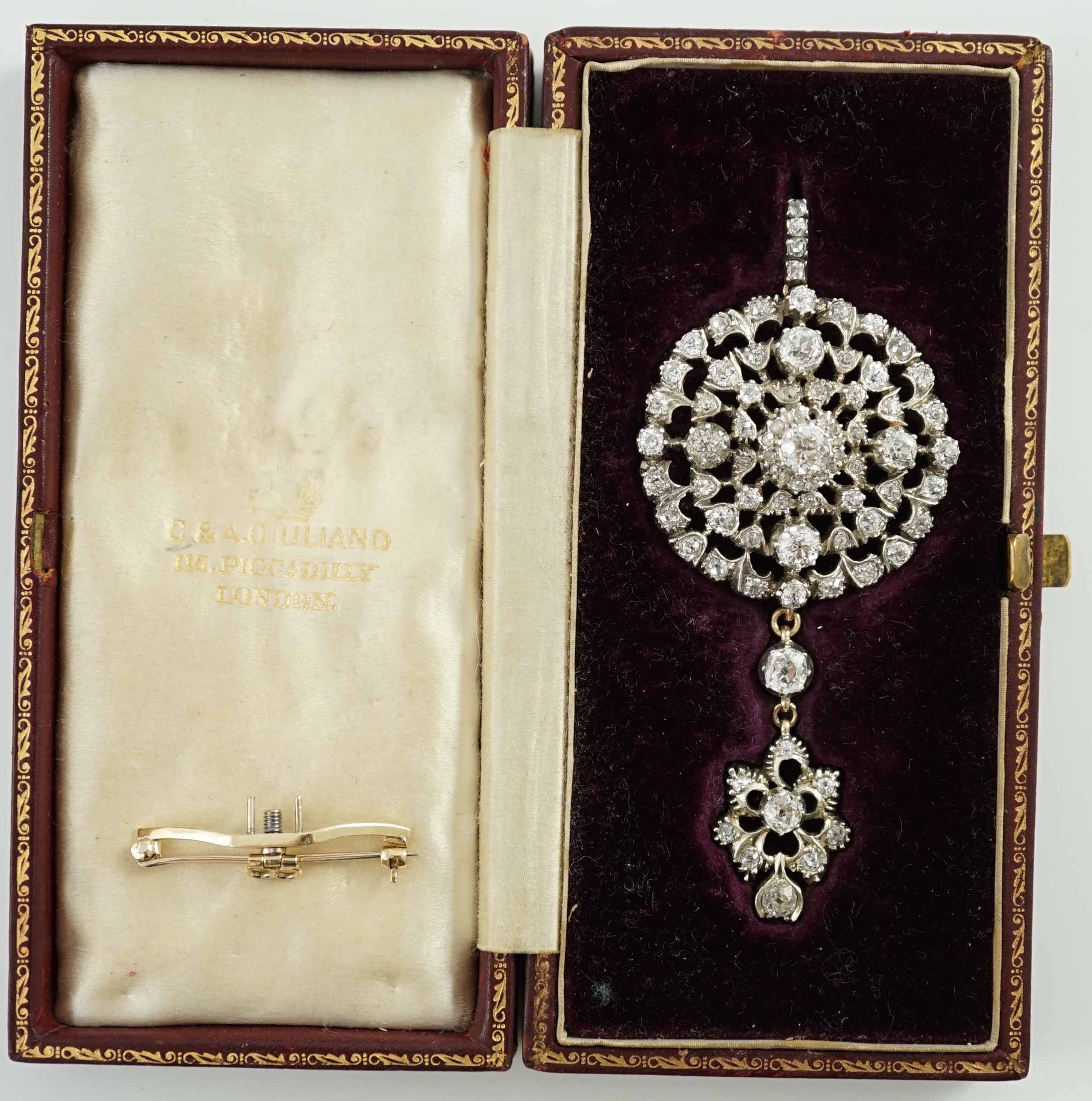 A good Victorian gold, silver and graduated diamond cluster set target drop pendant brooch, retailed - Image 7 of 9