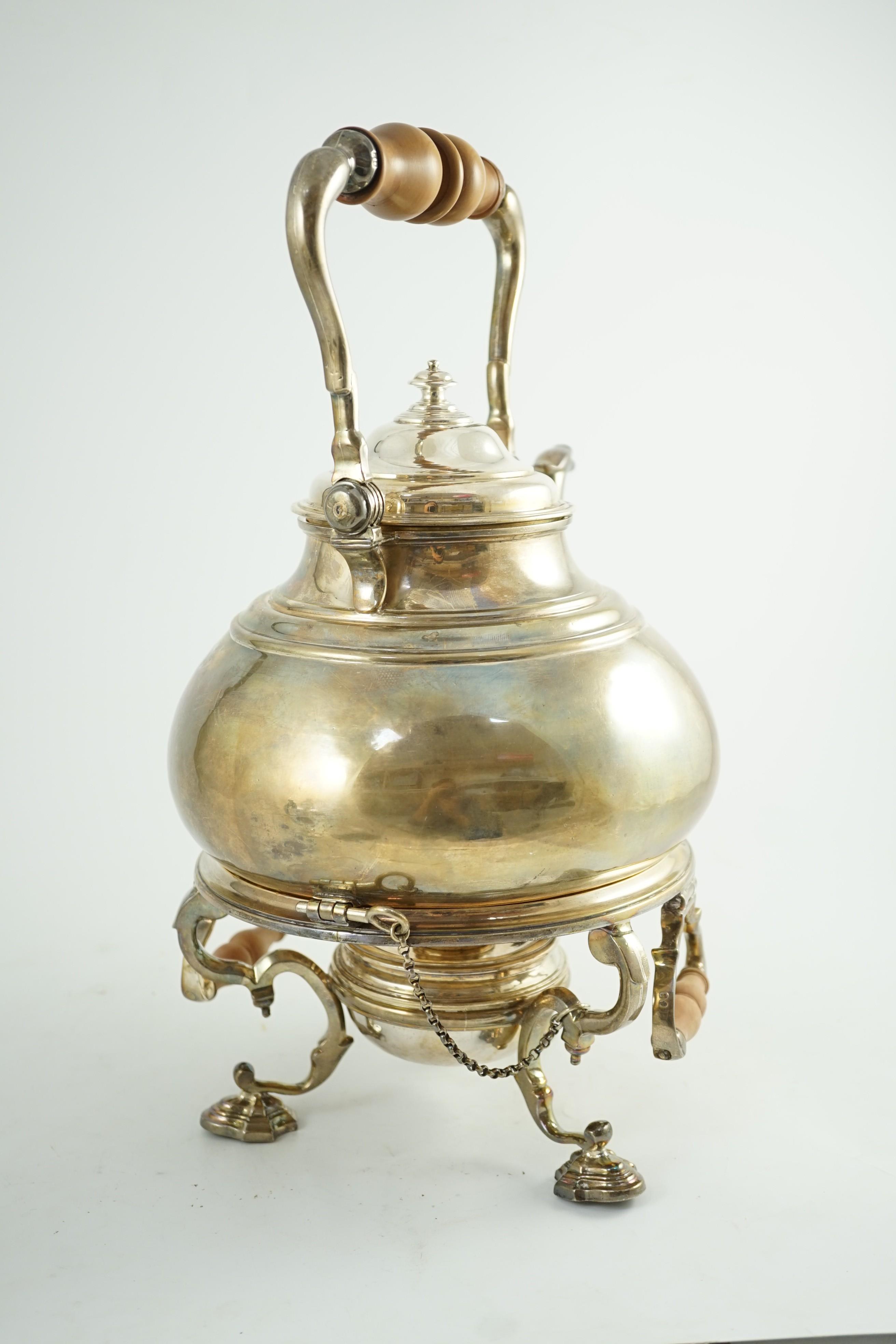 A large George V Britannia standard silver tea kettle on two handled stand, with burner, by - Image 6 of 6