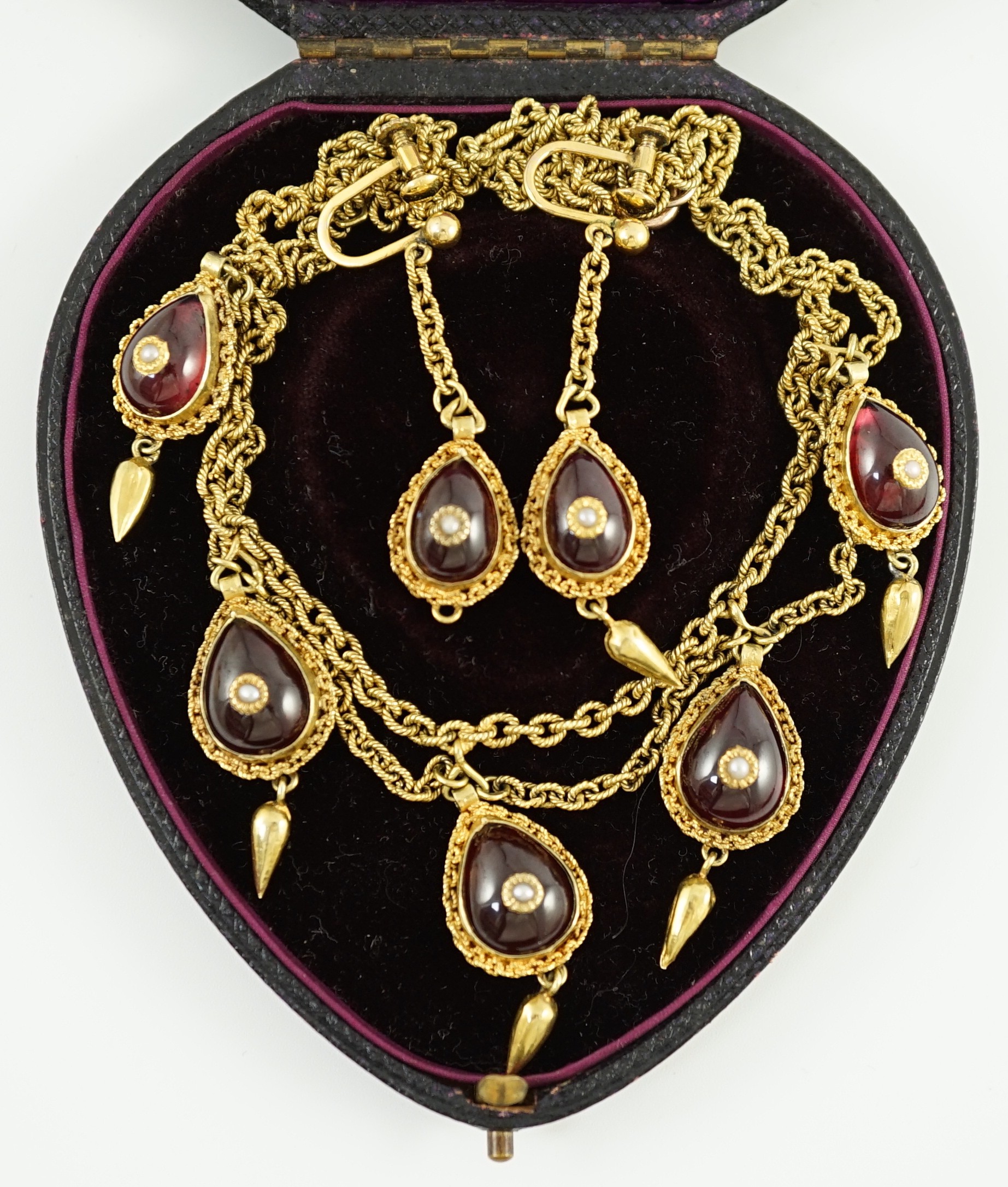 A 19th century Indian gold, garnet and seed pearl set demi parure, comprising and a drop fringe - Image 6 of 7