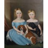Mid 19th century English School Portrait of two children seated with their King Charles
