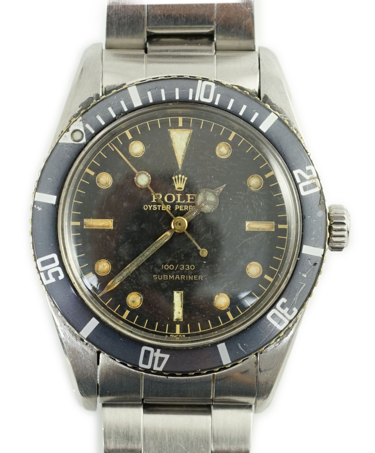 A gentleman's rare 1956 stainless steel Rolex Oyster Perpetual 100/330 Submariner wrist watch,