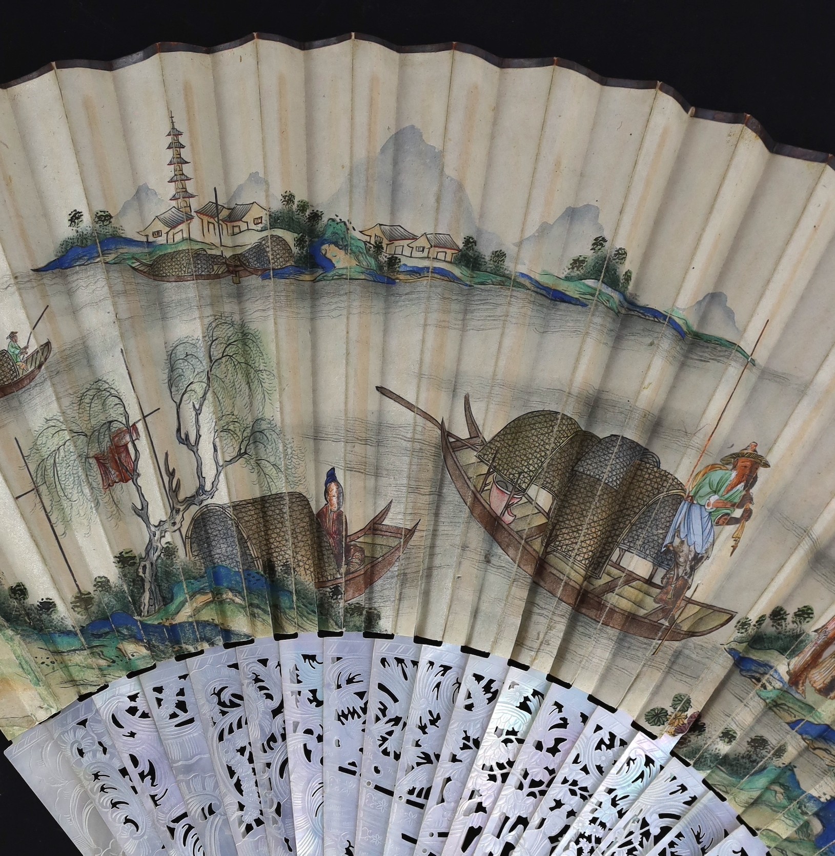 A Chinese painted leaf fan with mother-of-pearl sticks, 19th century, the leaf painted with ladies - Image 3 of 10