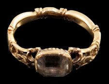 A George II gold, black enamel and rock crystal set mourning ring, inscribed 'Sar Nickolls Ob 28 Sep