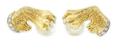 A mid 20th century pair of engraved and textured gold and platinum, diamond chip and cultured