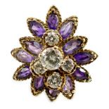 A 14k gold, five stone graduated round cut diamond and twelve stone marquise cut amethyst set