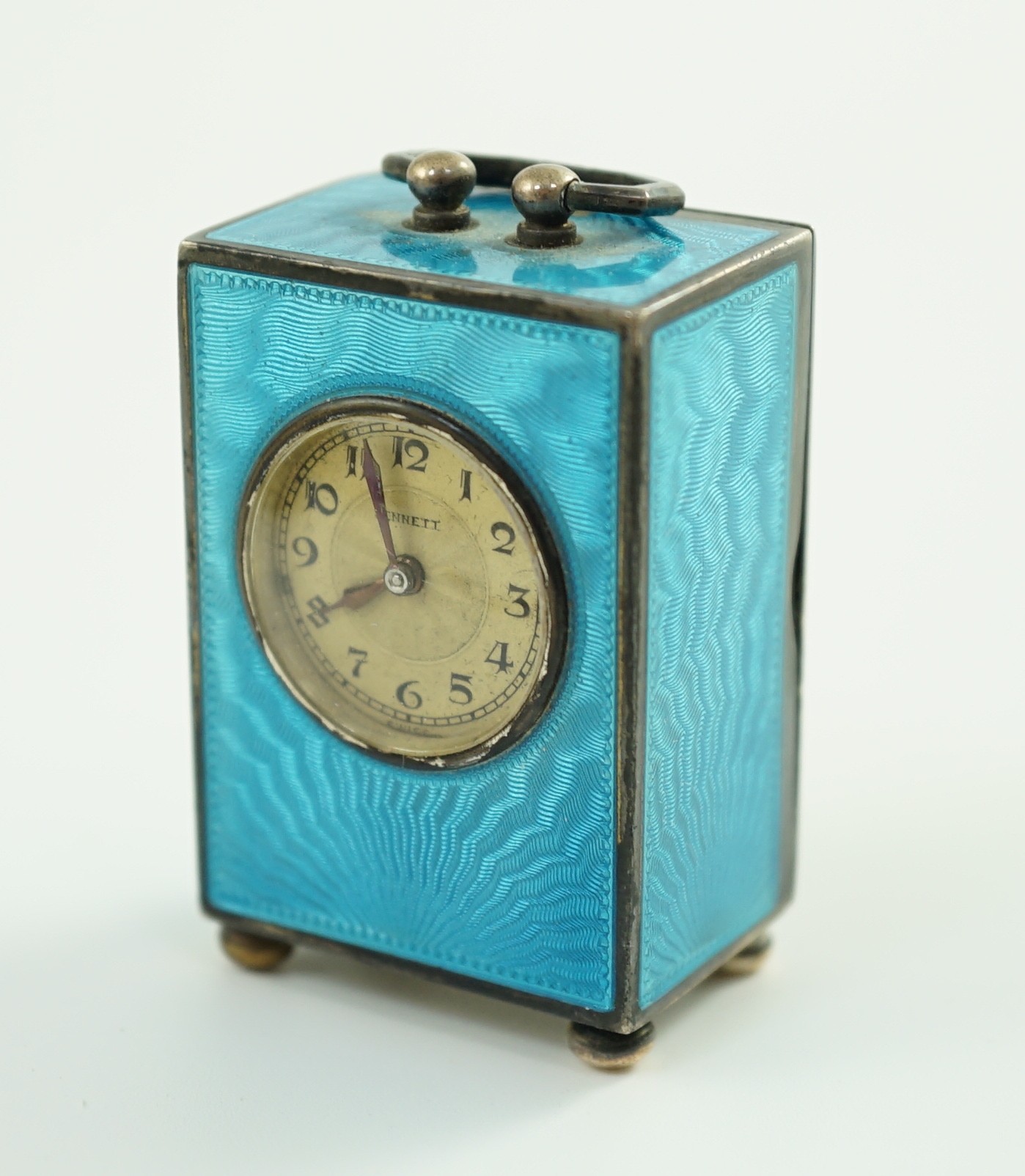 A George V Swiss blue enamel and silver cased miniature carriage timepiece, import marks for - Image 8 of 12