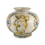 A large Italian maiolica bombola, 18th century, possibly Sicilian, painted with an angel and