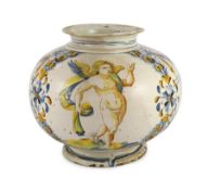 A large Italian maiolica bombola, 18th century, possibly Sicilian, painted with an angel and