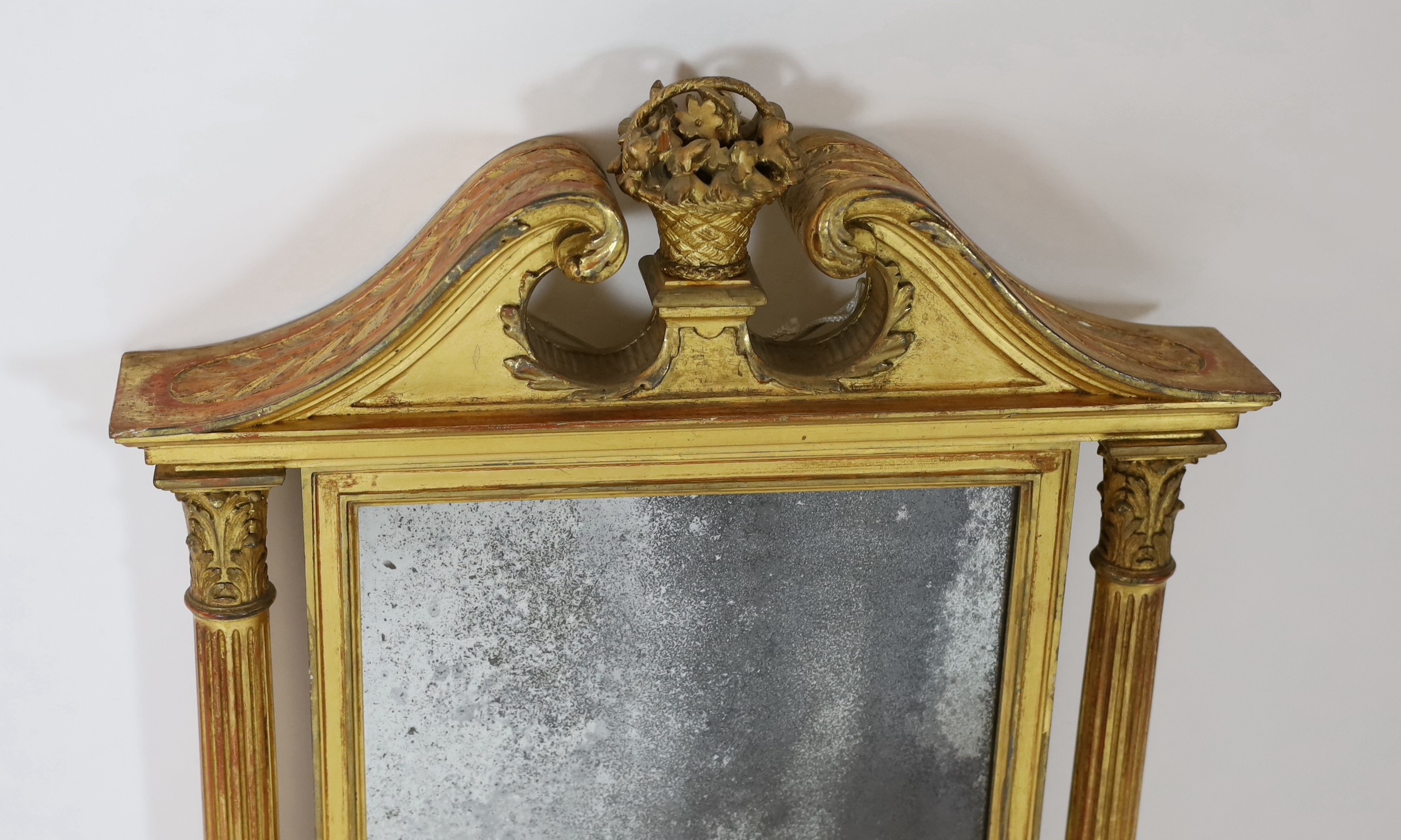 A George III giltwood pier glass, the tabernacle style frame with flowers in a basket and swans neck - Image 2 of 5