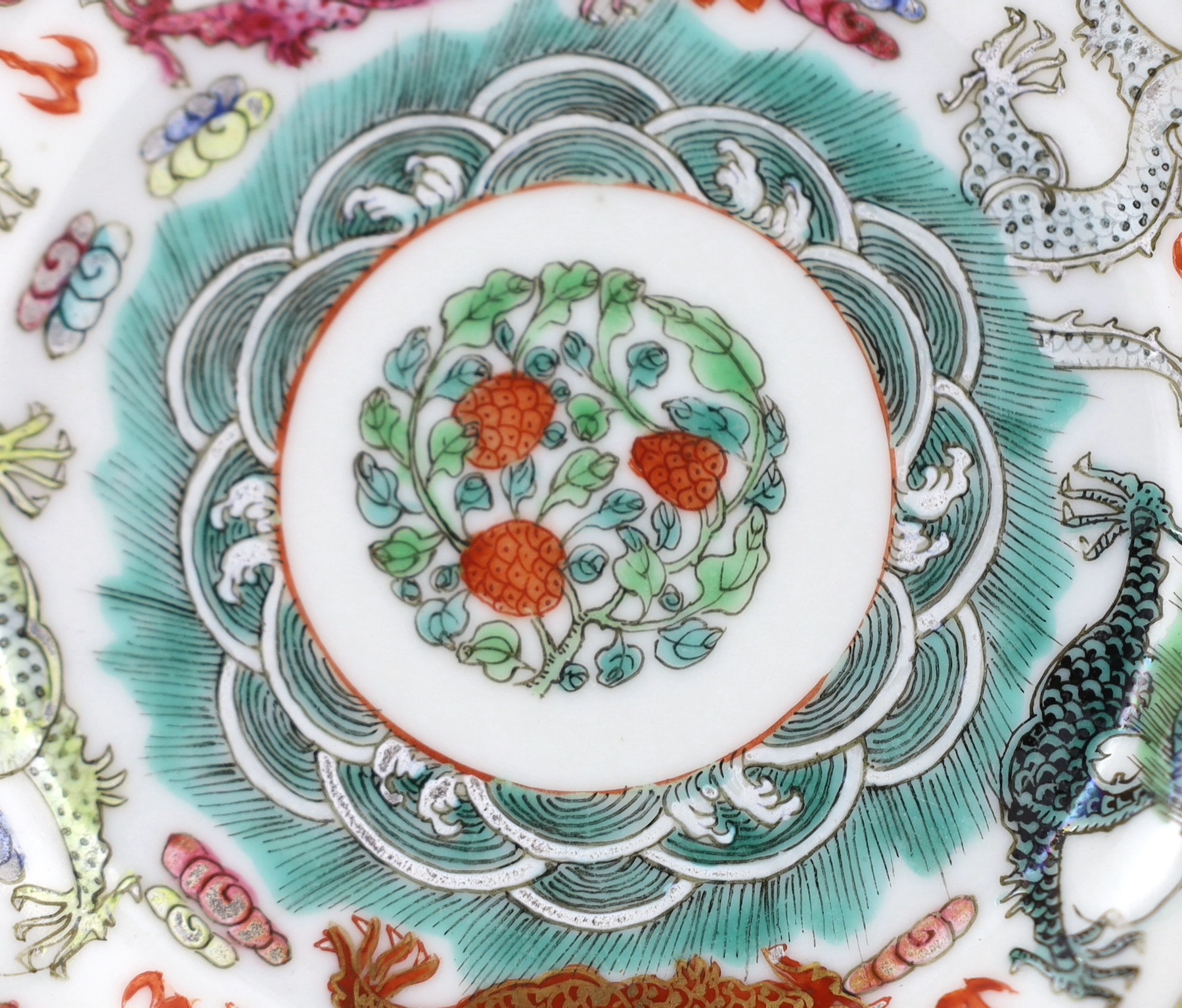 A Chinese famille rose fencai ‘dragon’ saucer dish, Jiaqing four character seal mark, 19th - Image 2 of 7