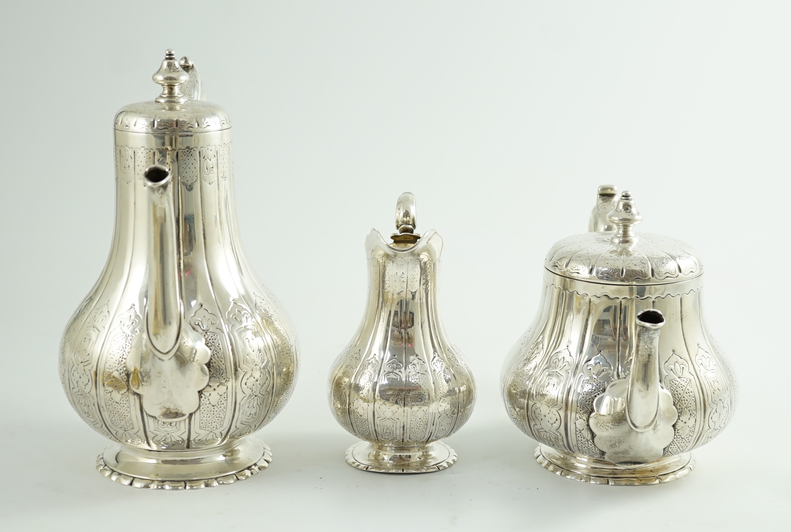 A Victorian silver three piece coffee set, comprising pot, cream and sugar bowl, by Walter Morrisse, - Image 3 of 6