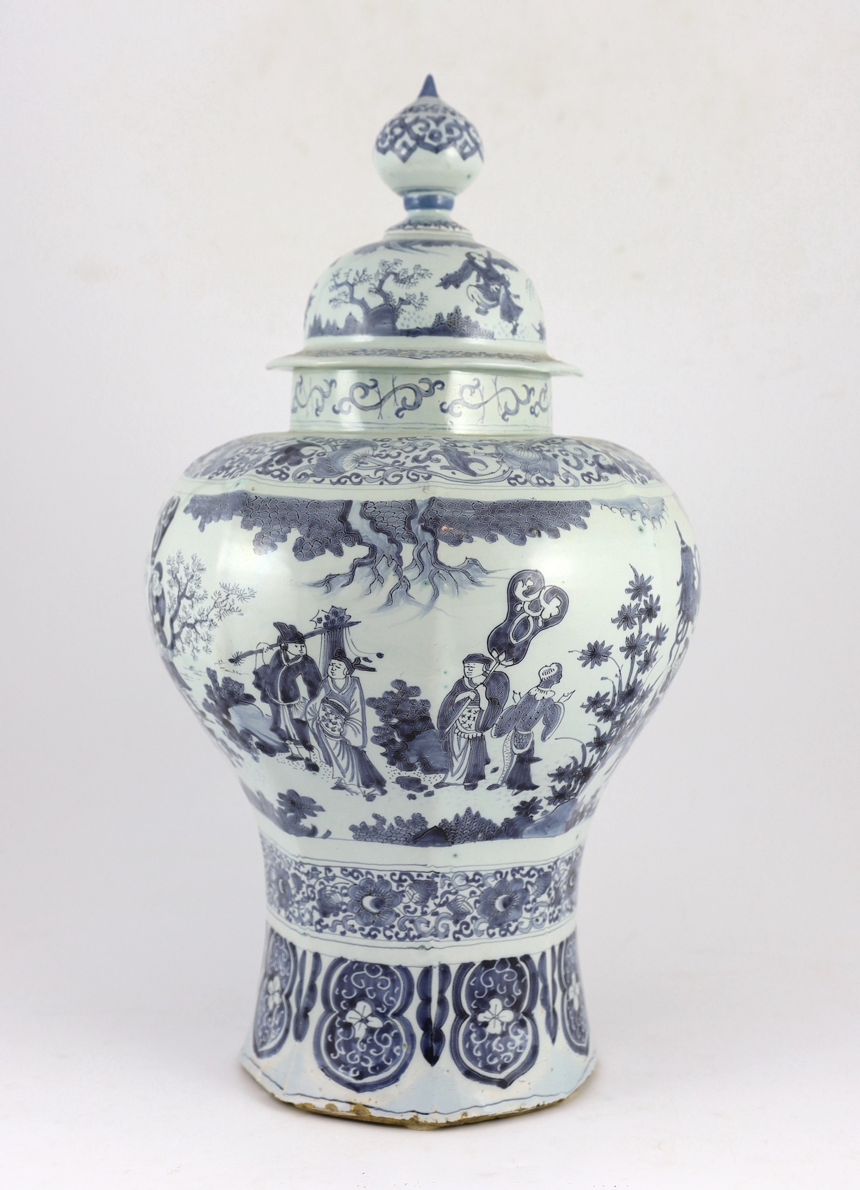 A massive Delft blue and white inverted baluster vase and cover, c.1700, painted with Chinese - Image 2 of 6