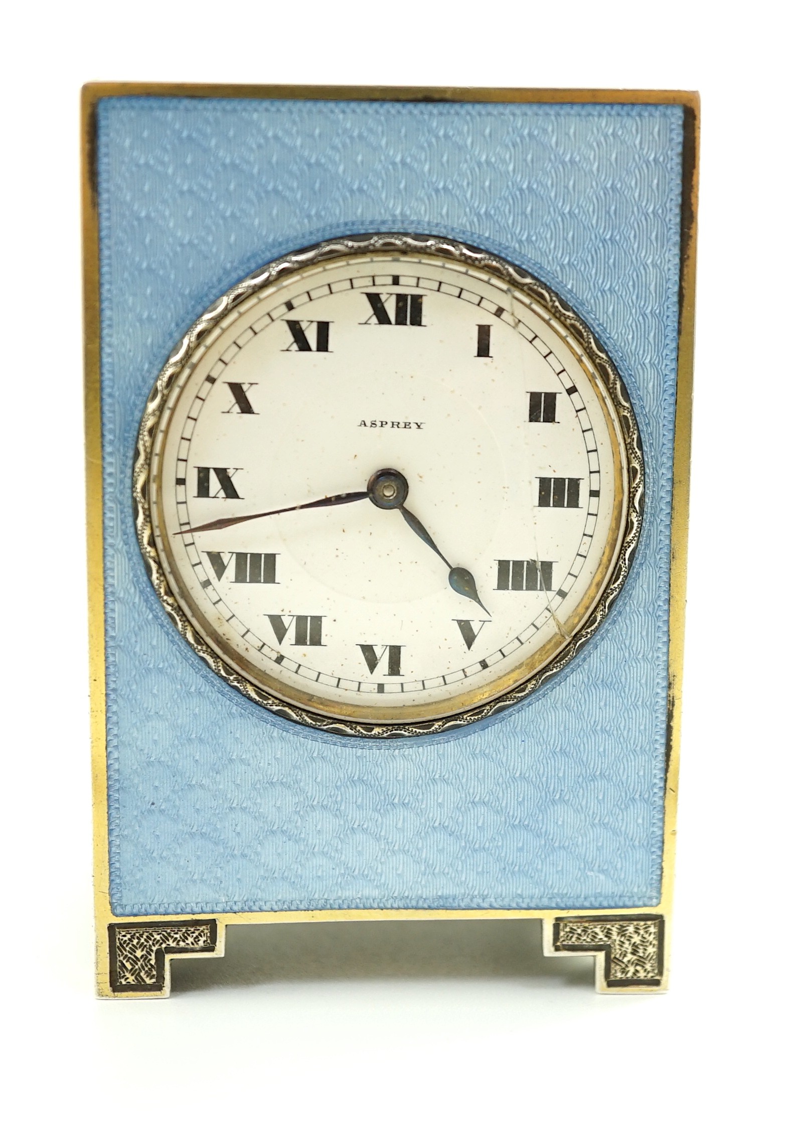 A George V continental silver and blue guilloche enamel miniature timepiece, retailed by Asprey, - Image 7 of 8