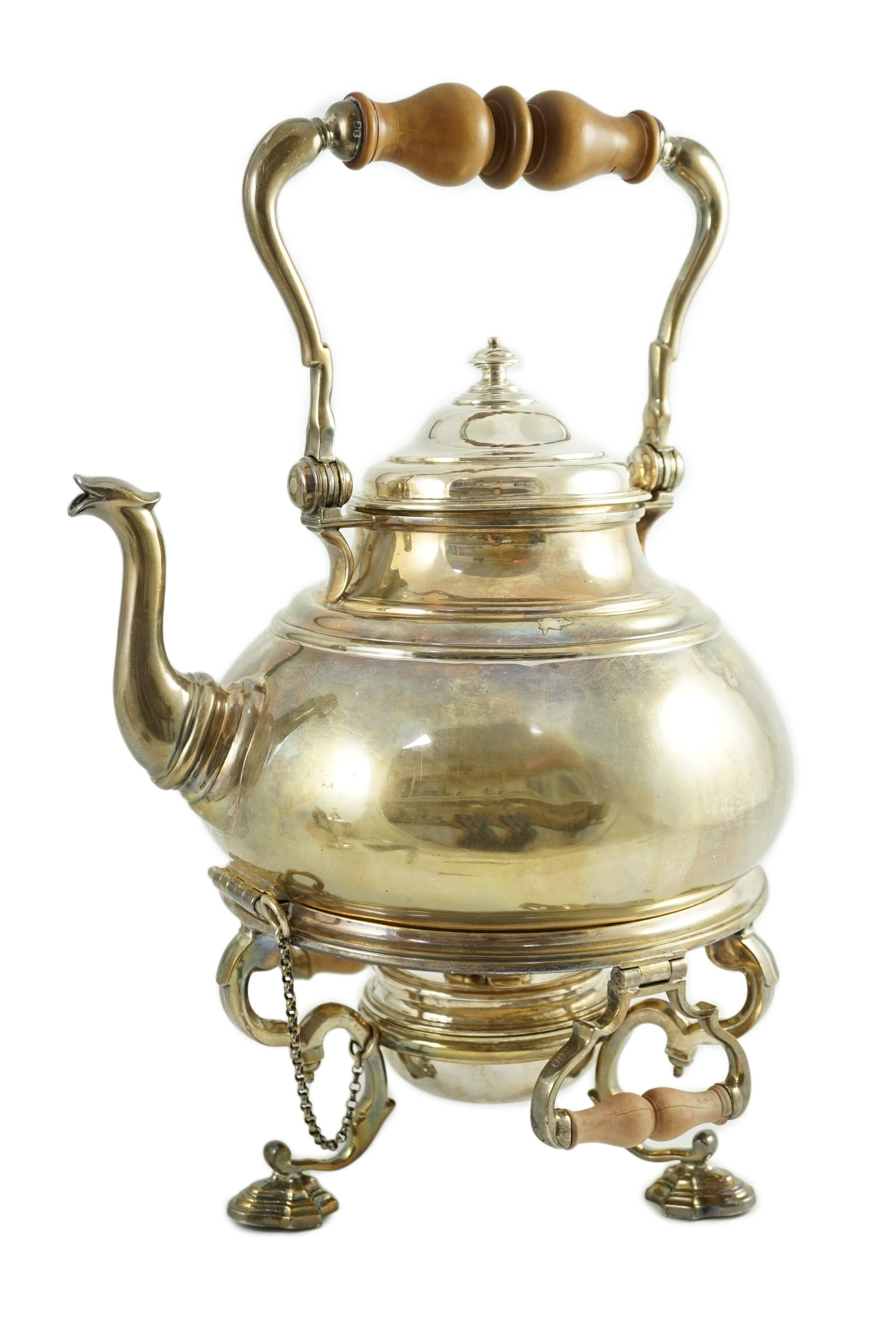 A large George V Britannia standard silver tea kettle on two handled stand, with burner, by