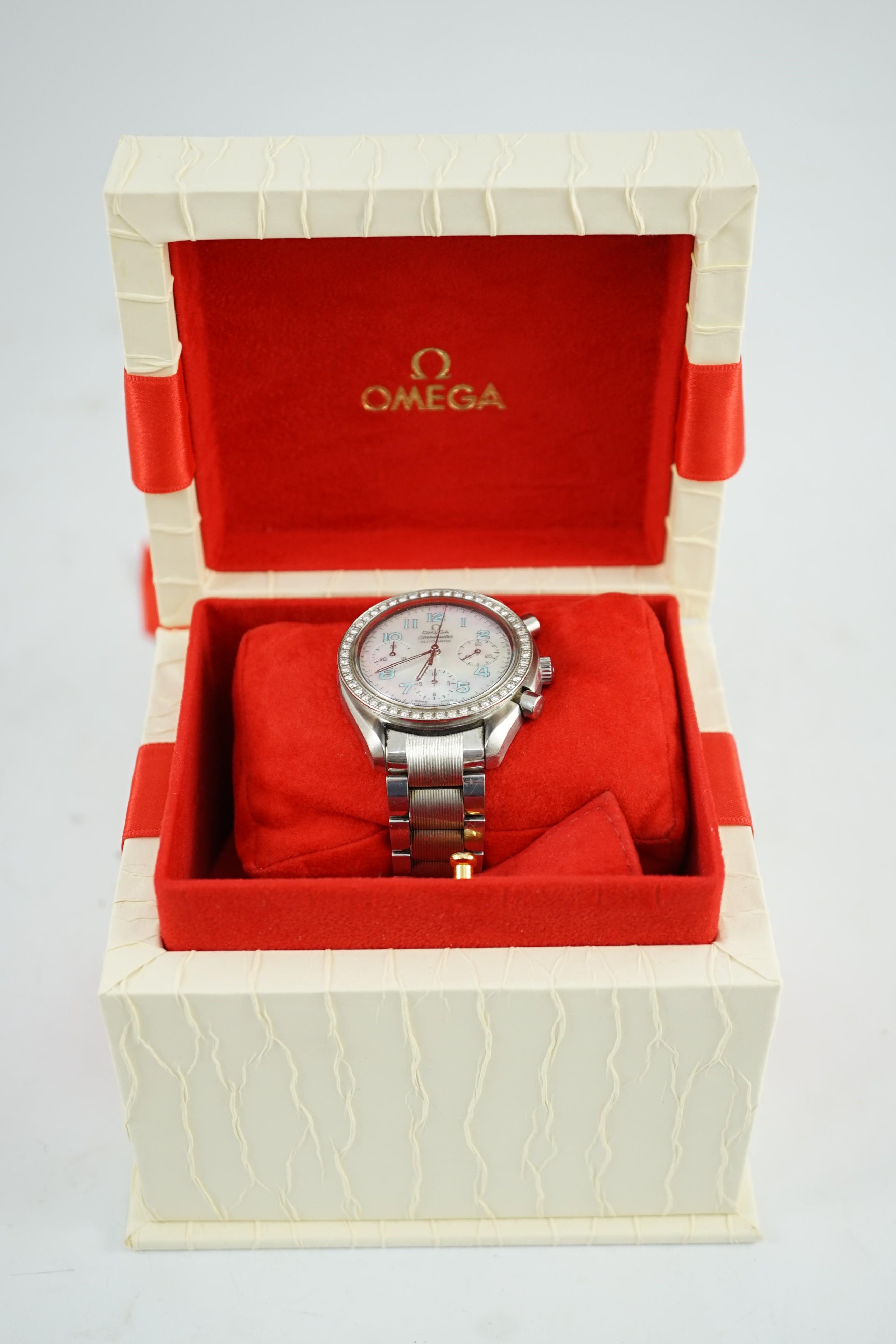 A lady's modern stainless steel Omega Speedmaster automatic wrist watch and bracelet, with mother of - Image 2 of 4