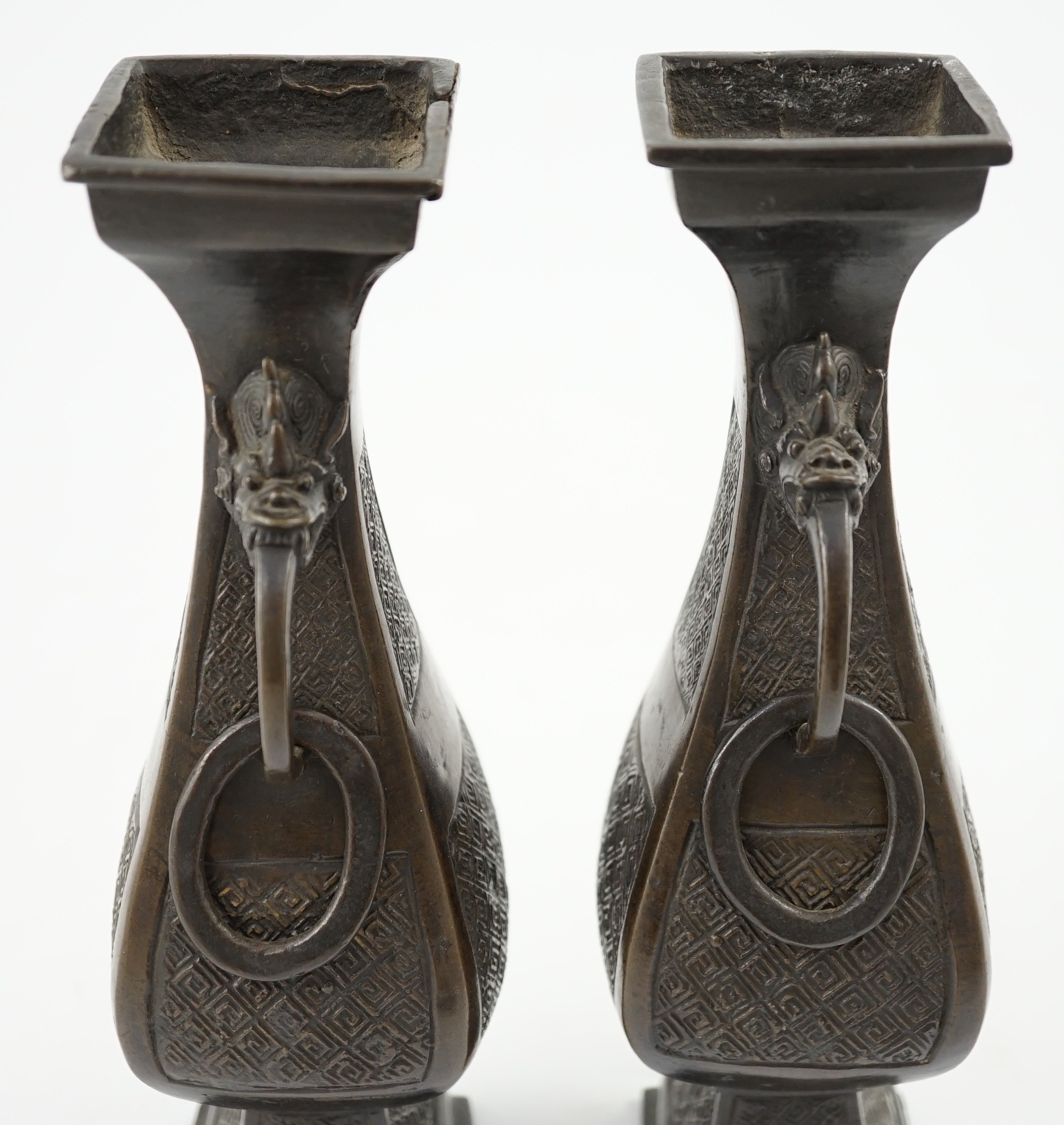 A pair of Chinese archaistic bronze two handled altar vases, Ming dynasty, of rectangular baluster - Image 4 of 7