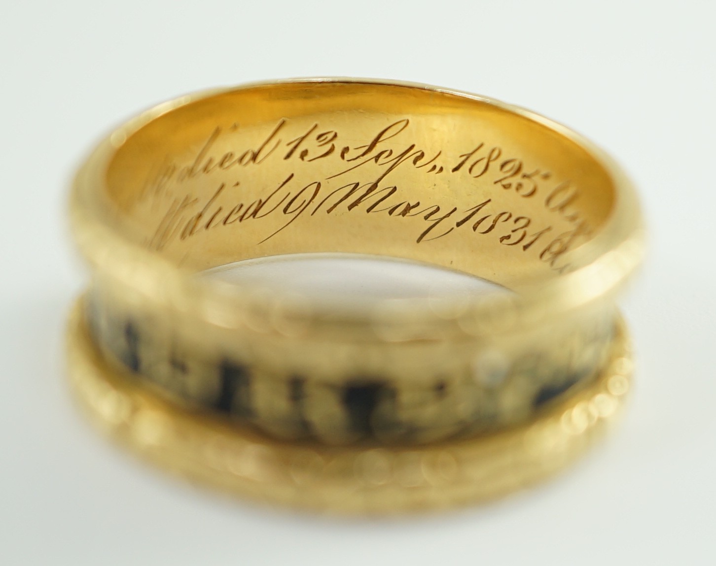 A George IV 18ct gold and black enamel 'In Memory Of' mourning band, with carved scroll border, - Image 8 of 9